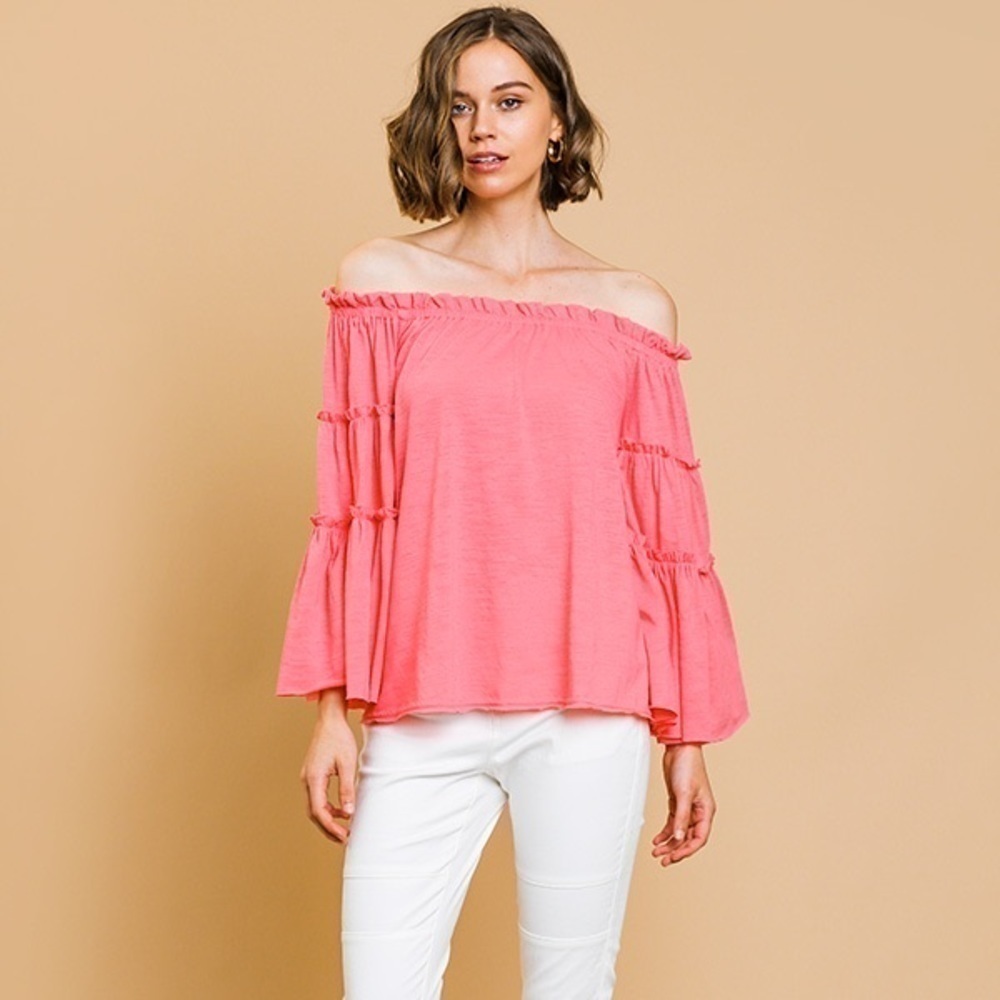 𝅺OFF Shoulder Oversized Layered Ruffle Bell Sleeve Top with Raw Hem